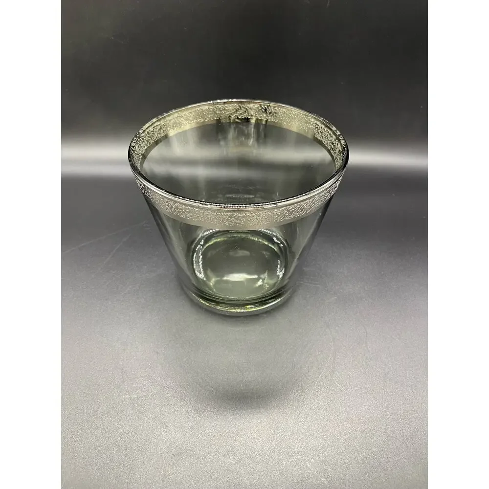 Vintage MCM Smoked Glass Ice Bucket with Embossed Silver Band 5